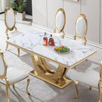 70" White Marble Dining Table, Luxury Kitchen Table for 6 8, Large Rectangular Dinner Table with U Shaped Gold Stainless Steel Pedestal, Mid Century Modern Dining Table for Kitchen Dining Room