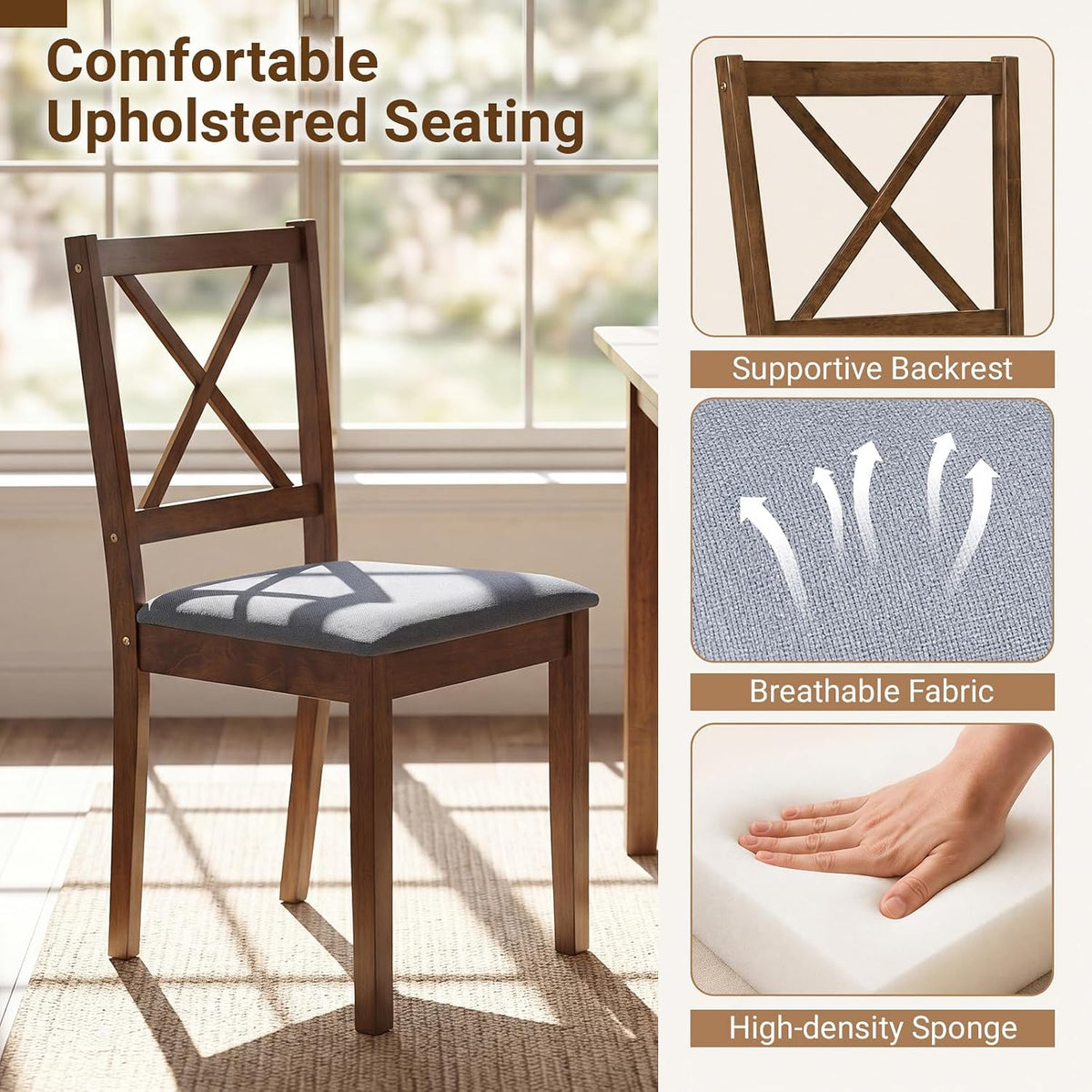 Giantex Dining Table Set for 4, Wood Kitchen Table with Upholstered Chairs | Farmhouse Space-Saving Dinette Set with X-Shaped Backrest for Small Space, Breakfast Nook, Dining Room