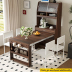 L-Shaped Kitchen Pantry with Hutch and Foldable Dining Table, Sideboard Buffet Cabinet with Sotrage Shelf and Side Hooks, Foldable Cupboard for Kitchen, Dining Room, Walnut