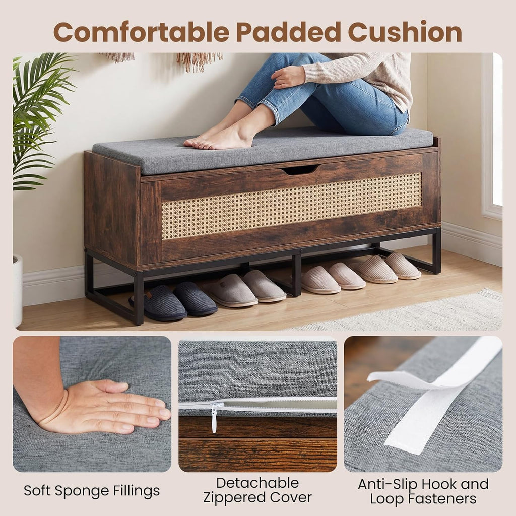 Giantex Rattan Shoe Bench, Flip-Top Entryway Bench with Removable Padded Seat & Hidden Storage, Wooden Shoe Storage Chest with Metal Legs for Bedroom, Hallway, 440 lbs Max Load (Rustic Brown & Black)