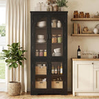 Garvee 70" Tall Kitchen Pantry Cabinet - Modern Display Cabinet with 4 Arched Glass Doors and Adjustable Shelves, Versatile Cupboard Organizers for Kitchen, Dining Room, Living Room, Bathroom, Black