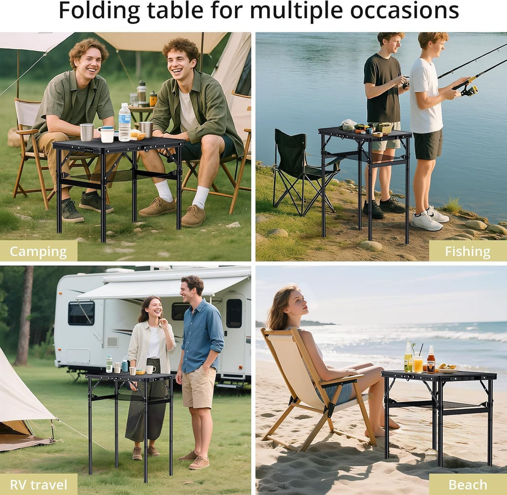 Anbte 2ft Folding Camping Table, 3 Adjustable Height Max 29.5", 23" x 16" | Aluminum Small Folding Table with Storage Net &Portable Handle, Lightweight,for Travel Outdoor Beach Picnic Camping, Black