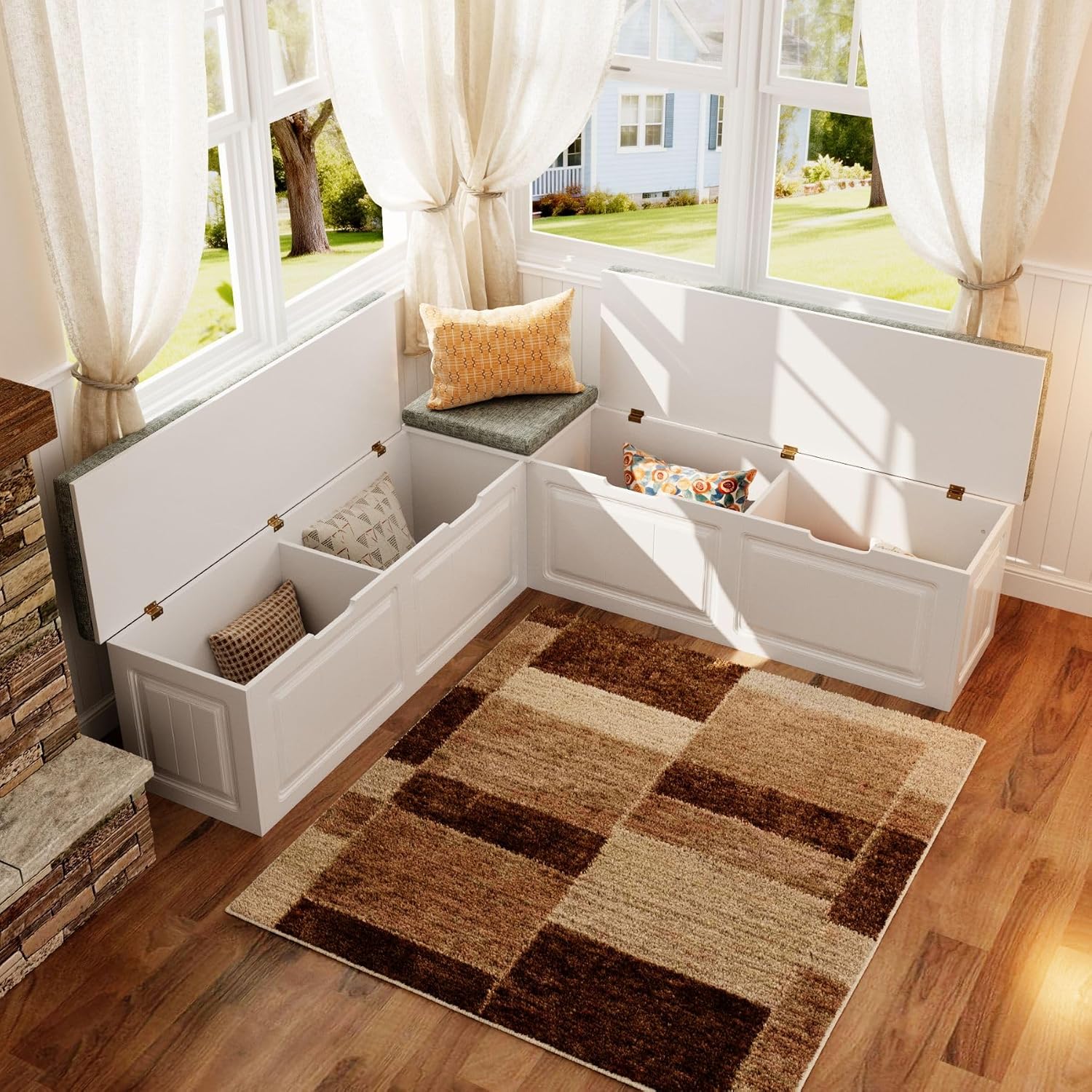 L-Shaped Corner Storage Bench with Cushion, Kitchen Breakfast Nook Entryway Bench with Hidden Space and Shoe Storage, Corner Banquette Benches for Dining Room, Living Room, White & Grey