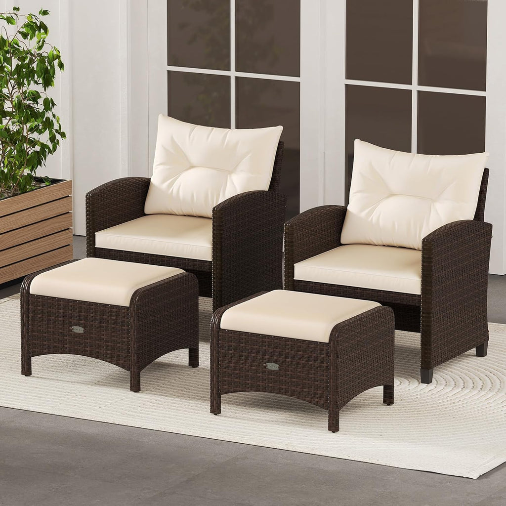 RELAX4LIFE Wicker Outdoor Ottomans for Patio - Set of 2 Rattan Footstools w/Removable Cushions, Multipurpose Outside Foot Rest, Side Table & Additional Seating for Porch Garden Backyard (Beige)
