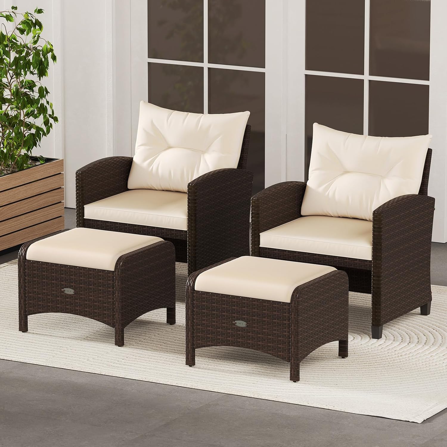 RELAX4LIFE Wicker Outdoor Ottomans for Patio - Set of 2 Rattan Footstools w/Removable Cushions, Multipurpose Outside Foot Rest, Side Table & Additional Seating for Porch Garden Backyard (Beige)