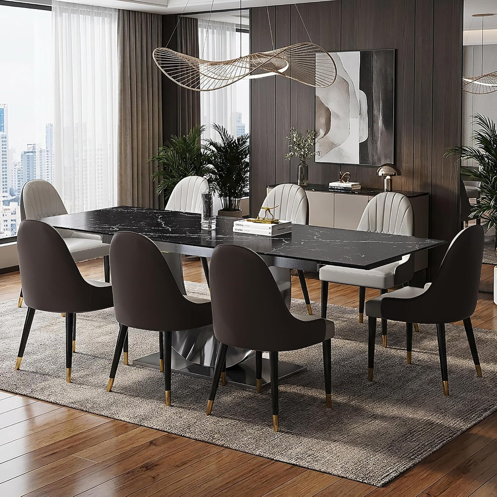 Modern Expandable Dining Table 62.99" to 94.48", 6-10" Marble Look Sintered Stone Rectangular Dining Table with Black Carbon Steel Crescent Legs, Save Dining Room Kitchen Space (Knight Black)