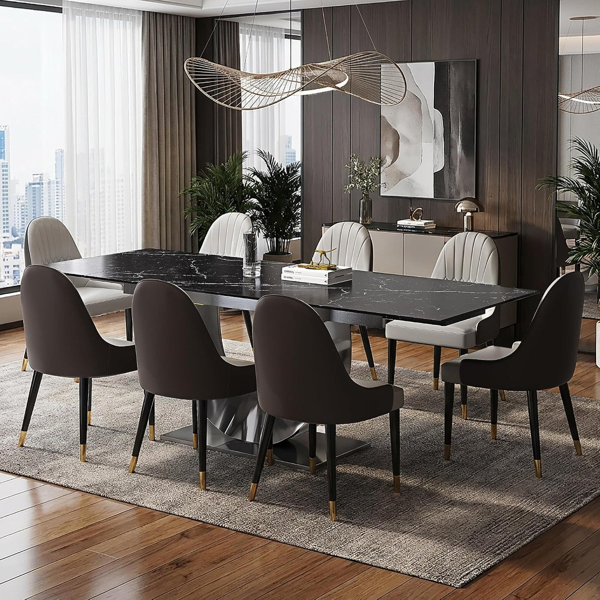 Modern Expandable Dining Table 62.99" to 94.48", 6-10" Marble Look Sintered Stone Rectangular Dining Table with Black Carbon Steel Crescent Legs, Save Dining Room Kitchen Space (Knight Black)