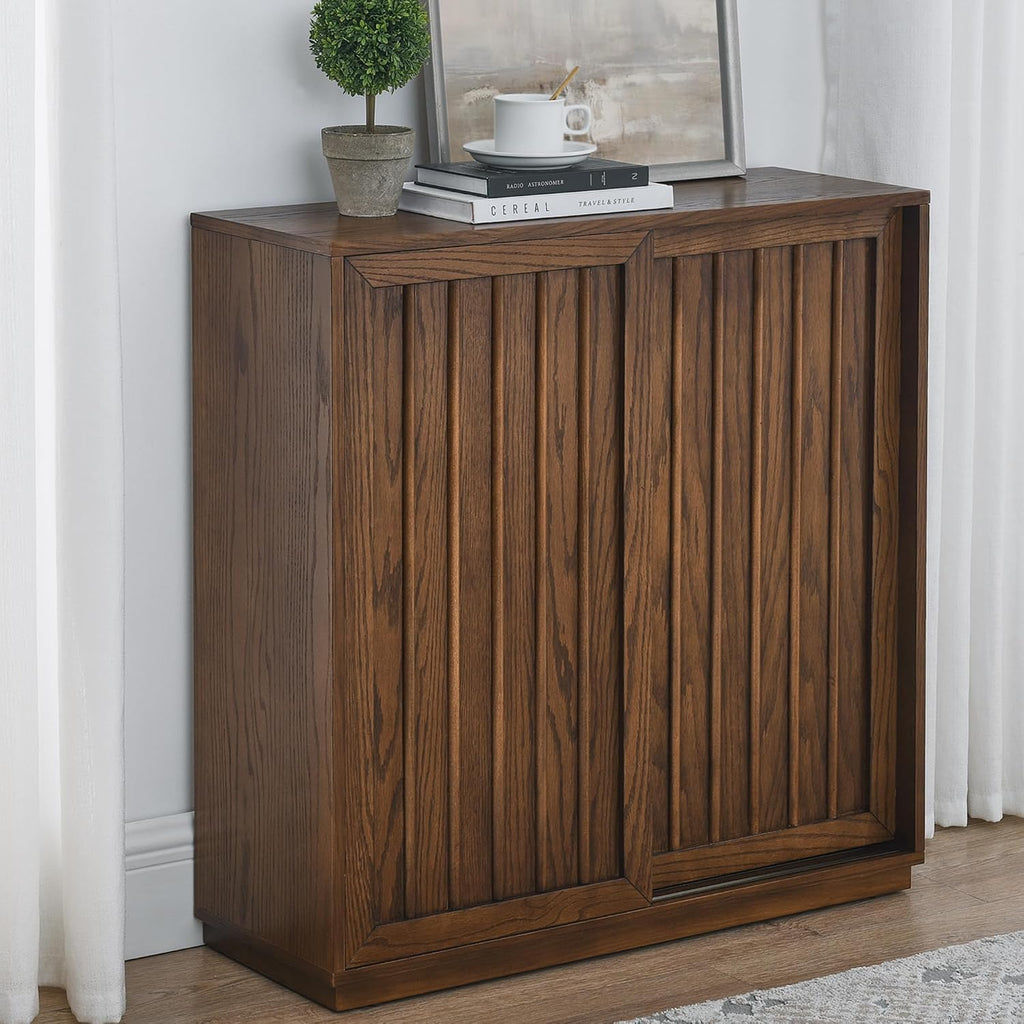Mid Century Modern Sideboard Cabinet | Slim Fluted Credenza with Sliding Doors | Narrow Storage Buffet Console Table for Small Spaces, Living Room, Entryway, Kitchen (Walnut, 32")