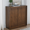 Mid Century Modern Sideboard Cabinet | Slim Fluted Credenza with Sliding Doors | Narrow Storage Buffet Console Table for Small Spaces, Living Room, Entryway, Kitchen (Walnut, 32")
