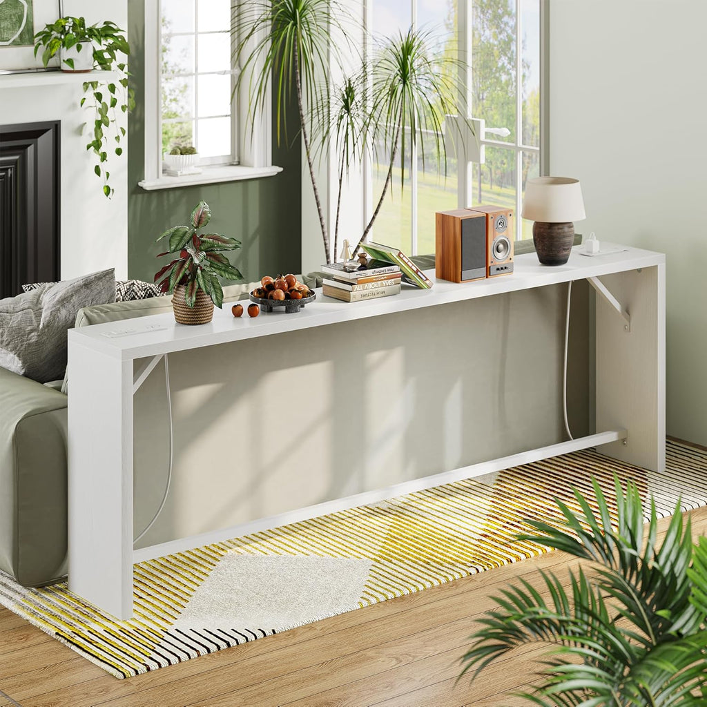 TIQLAB Sofa Table, 79''L x 9.1''W (1.2'' Thickness) Long Console Table Behind Couch, Entryway Table with Angled Metal Frame, Industrial Console Table, White