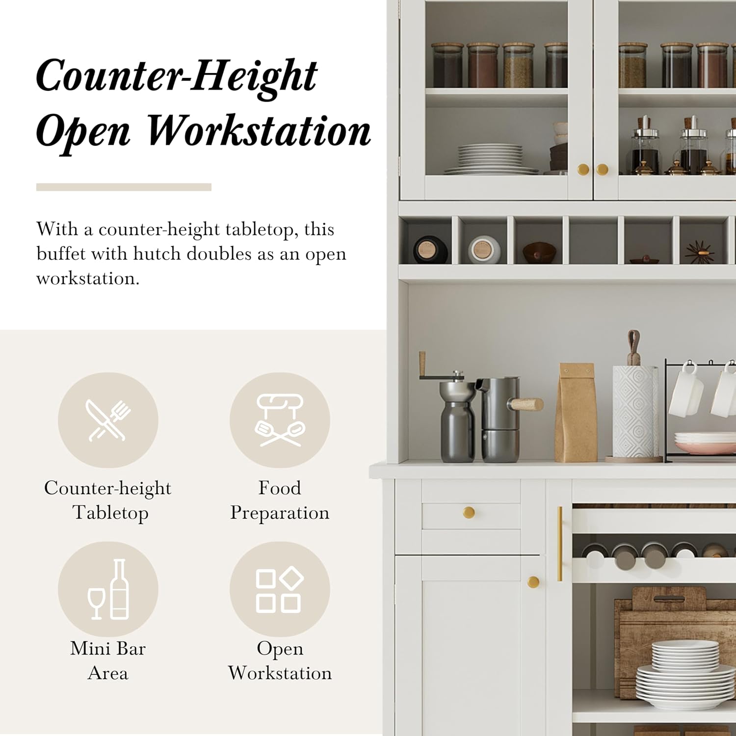 Kitchen Pantry Storage Cabinet with Wine Rack and Adjustable Shelves, Freestanding Buffet Cabinet with Hutch, White