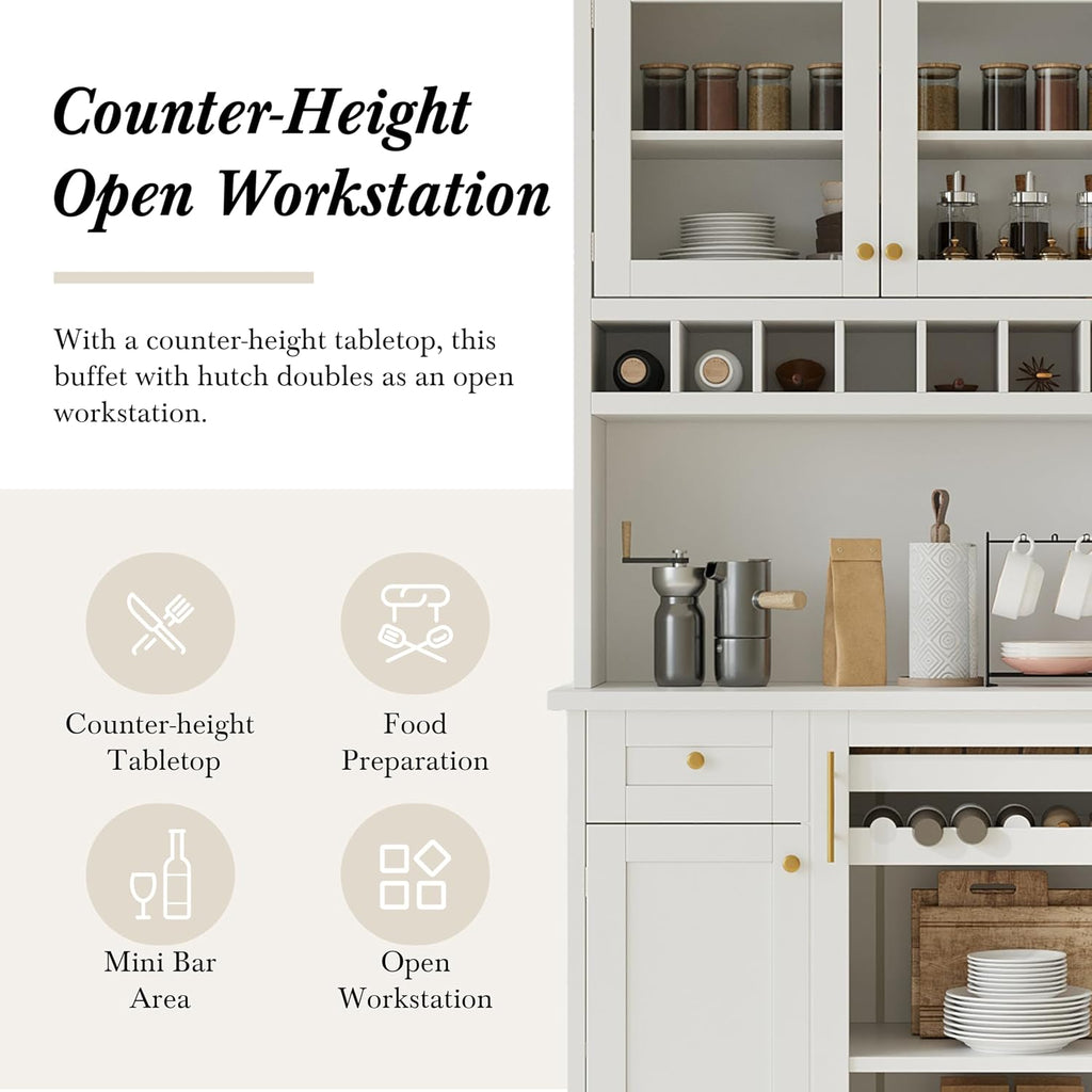 Merax 75" Tall Kitchen Pantry Storage Cabinet with Microwave Stand and Wine Rack, Pantry Storage Cabinet with 2 Pull Out Shelves and Glass Door, 35.4" W Coffee Bar Hutch for Dining Room,White