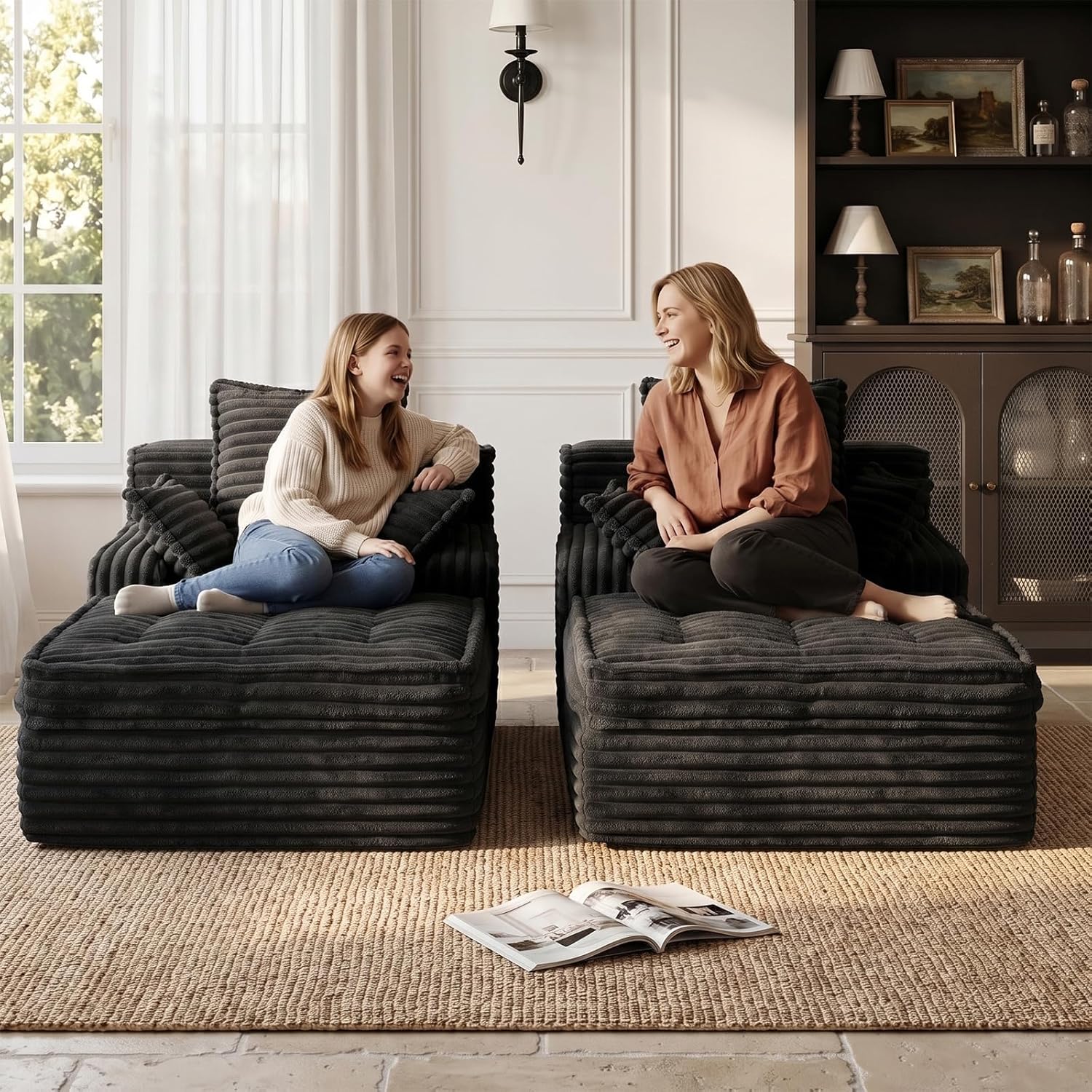 Chaise Lounge Couch Indoor, Small Corduroy Upholstered Sleeper Sofa Bed Reading Chairs with 3 Pillows, Fluffy Comfy Cloud Sofas Couches, Compression Sofa for Small Corner