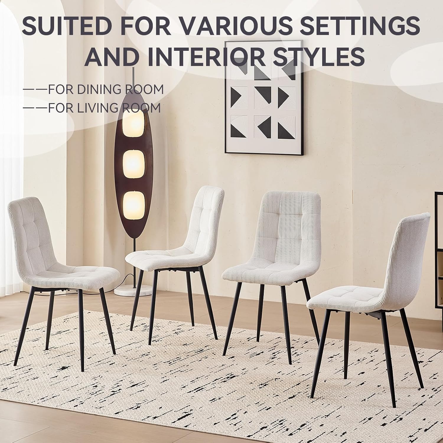 Corduroy Dining Chairs Set of 4, Modern Upholstered Fabric Kitchen Chairs with Metal Legs Adjustable Pads, White