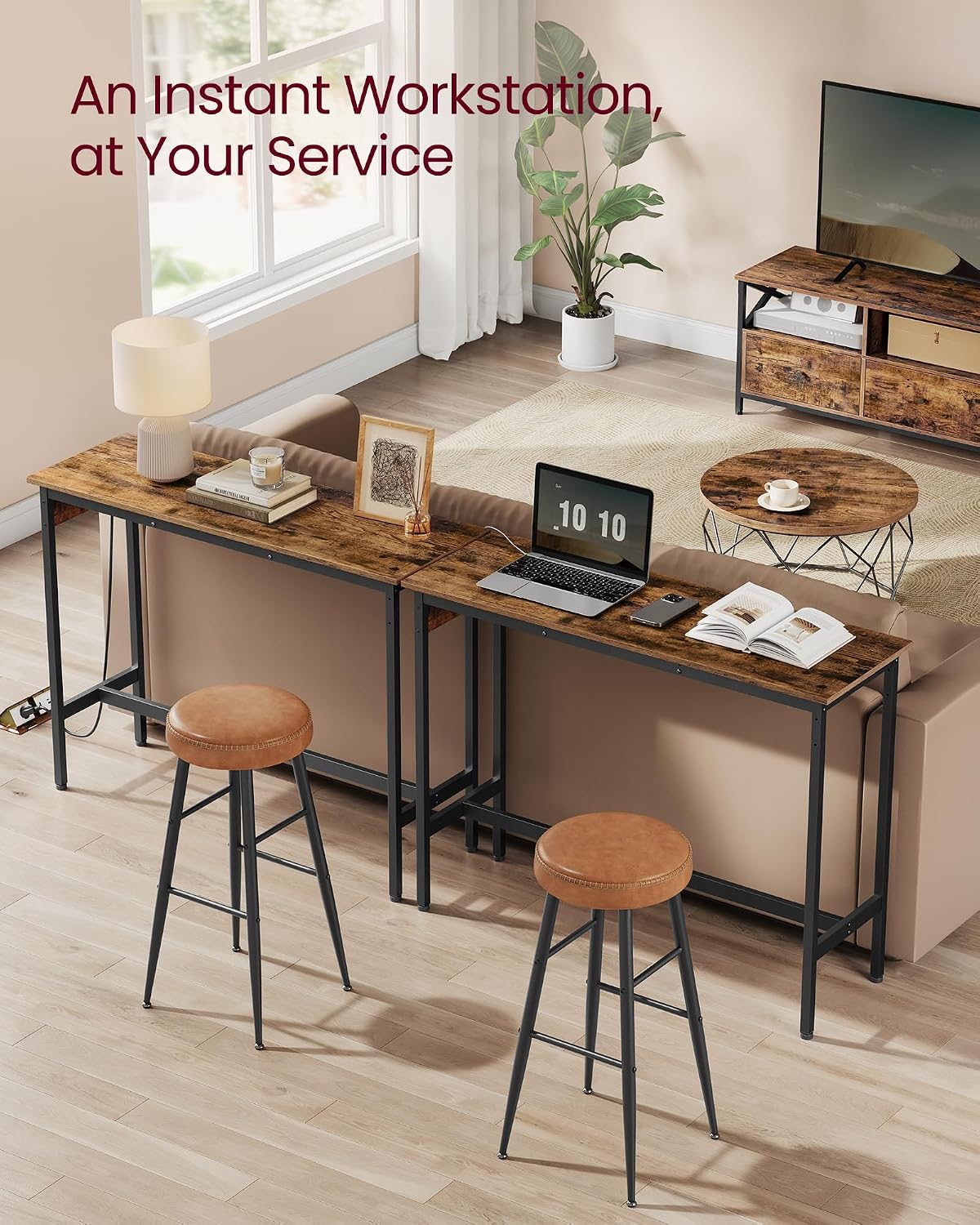 VASAGLE Bar Table with Power Outlets, Computer Desk, 47.2" W | Stable Metal Structure, Modern Basic, Rustic Brown and Matte Black, BARNET Collection ULBT121K01