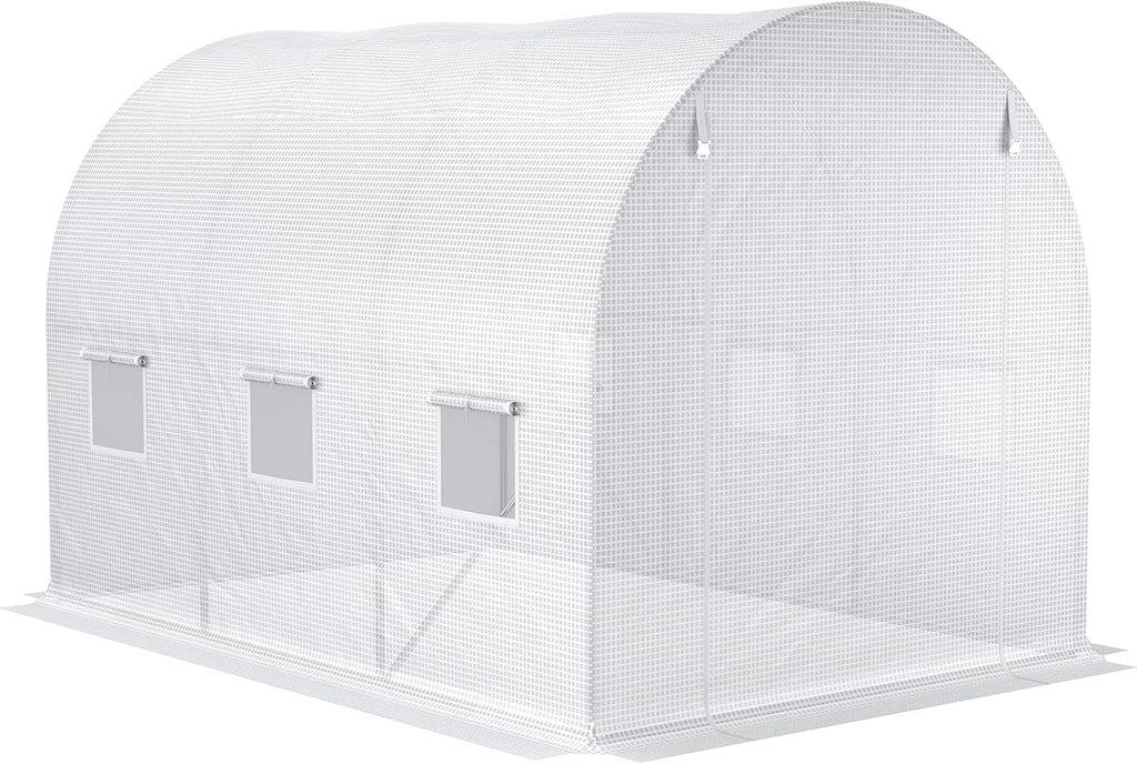 Outsunny 9.8' x 6.6' x 6.6' Plastic Greenhouse Cover Replacement, Heavy Duty Waterproof Tarp for Hoop House, Sheeting with 6 Windows, Door & Reinforcement Grid, White