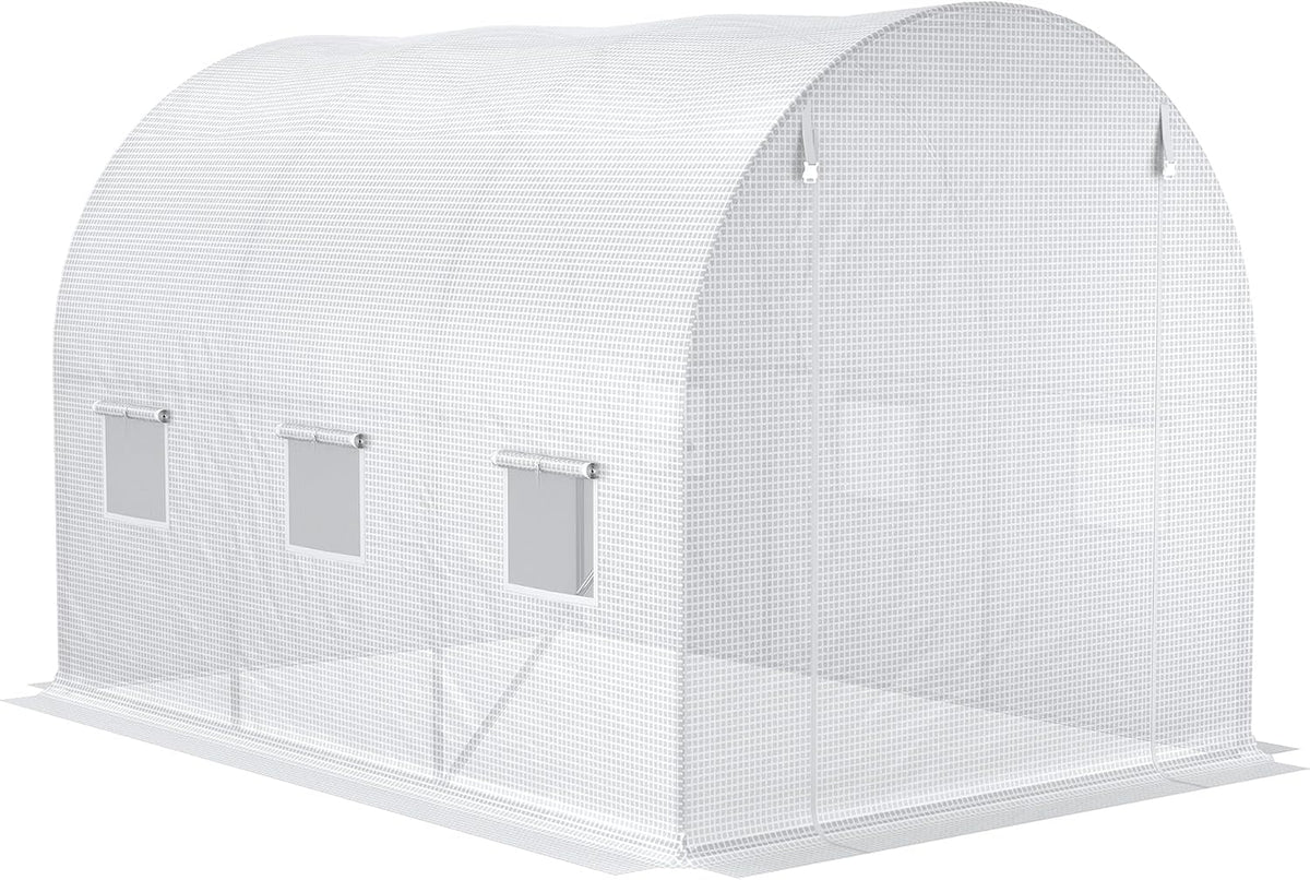 Outsunny 9.8' x 6.6' x 6.6' Plastic Greenhouse Cover Replacement, Heavy Duty Waterproof Tarp for Hoop House, Sheeting with 6 Windows, Door & Reinforcement Grid, White