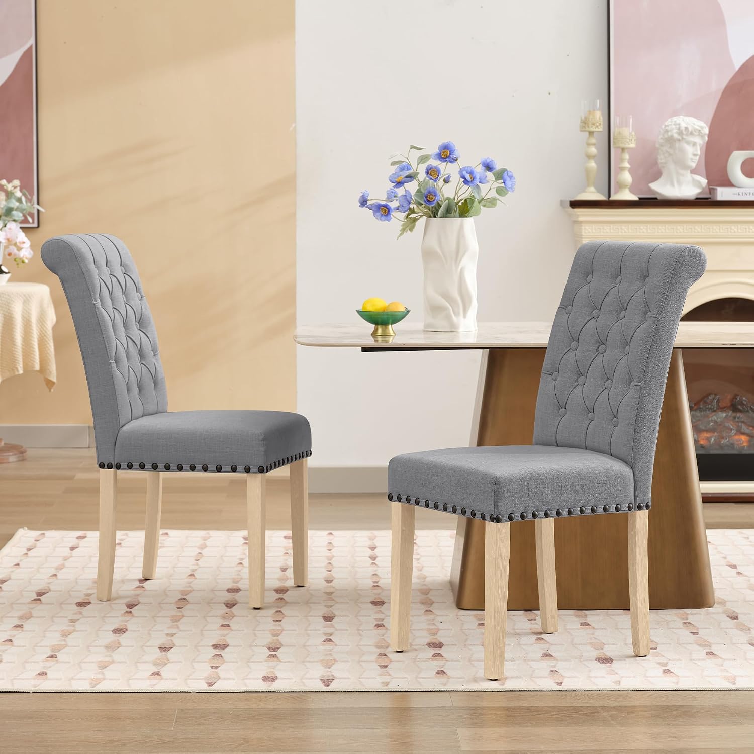 LOULENS Fabric Dining Chairs Set of 2, Modern Linen Upholstered Parson Chairs with Button Tufting and Solid Wood Legs for Kitchen & Dining Room, Light Gray
