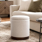 Joveco Round Storage Ottoman with Removable Lid, Boucle Small Upholstered Padded Vanity Foot Rest Stool for Living Room, Bedroom, Dorm, White with Walnut Wood Grain Trim