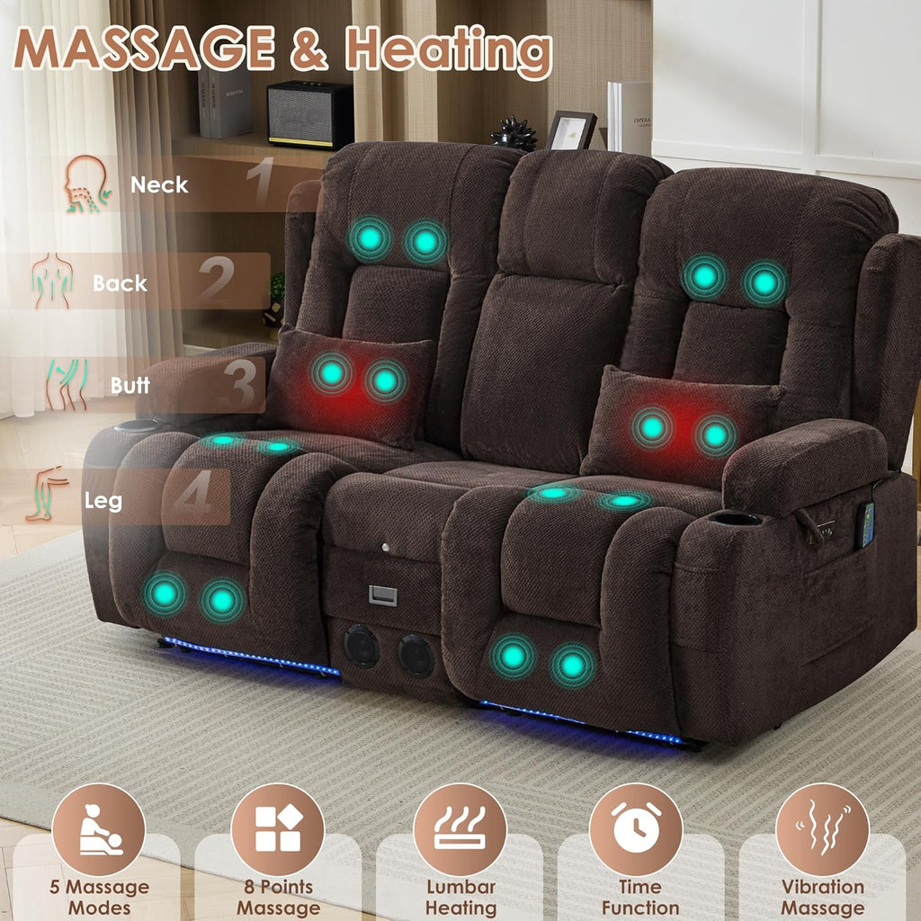 TUNYI Wall Hugger Loveseat Recliner Sofa with Console, Power Reclining Loveseat RV Couch with Massage & Heat/USB/Outlet/Storage/LED Light/Speaker (Brown, 2 Seat with Console)