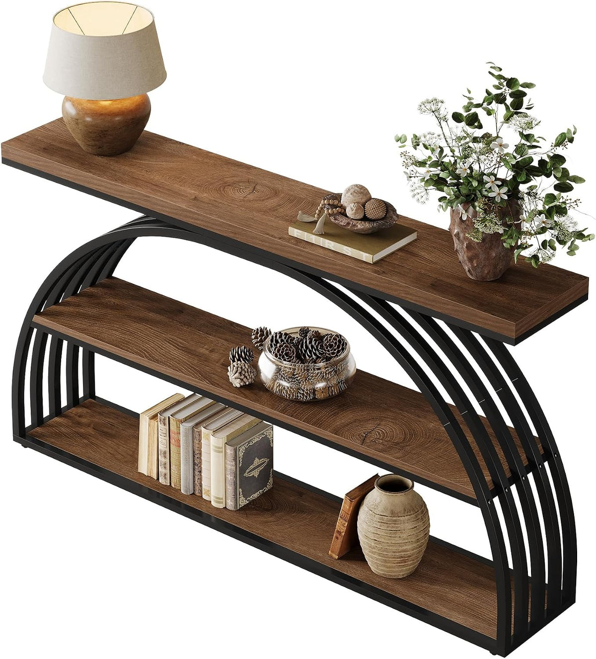 Tribesigns 63-Inch Console Table for Entryway, Farmhouse Entryway Table with Arched Frame, 3-Tier Industrial Sofa Console Behind The Couch for Living Room, Foyer, Hallway, Rustic Brown & Black