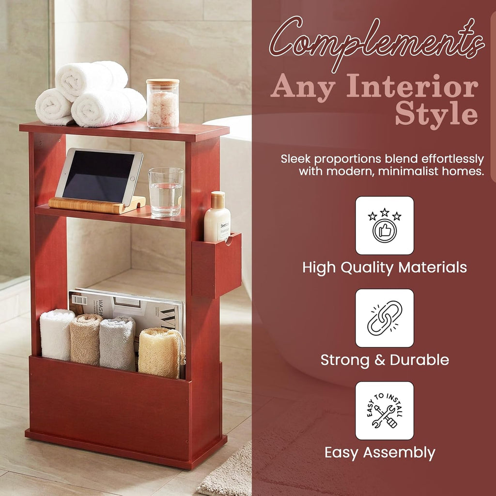 Kings Brand Furniture Narrow Side Table with Storage Shelf, Slim End Table with Magazine & Remote Holder, Small Space Bedside Table for Living Room or Bedroom, Red