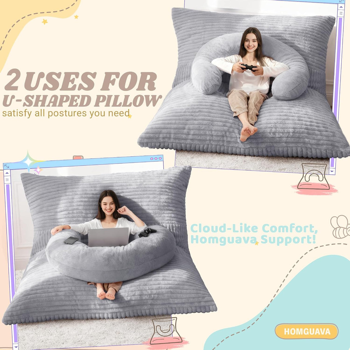 Homguava Giant Bean Bag Chair for Adults with Pillow, 4 in 1 Convertible Floor Cushion for Adluts, Memory Foamed Bean Bag Lounger with Washable Cover for Living Room, Bedroom