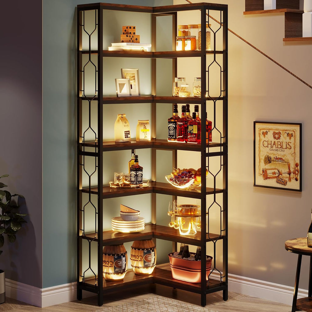 Tribesigns Corner Shelf, 7-Tier Industrial Corner Bookshelf and Bookcase | Freestanding Display Shelf for Living Room, Wood and Metal Corner Book Shelves, Corner Bookcase for Home Office, Rustic Brown