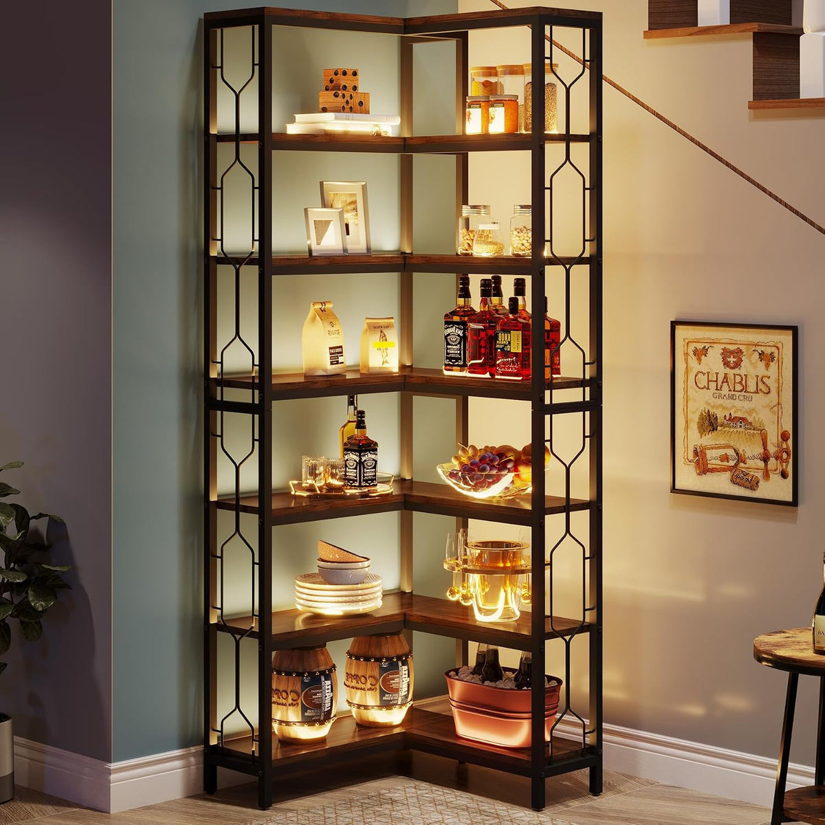 Tribesigns Corner Shelf, 7-Tier Industrial Corner Bookshelf and Bookcase | Freestanding Display Shelf for Living Room, Wood and Metal Corner Book Shelves, Corner Bookcase for Home Office, Rustic Brown