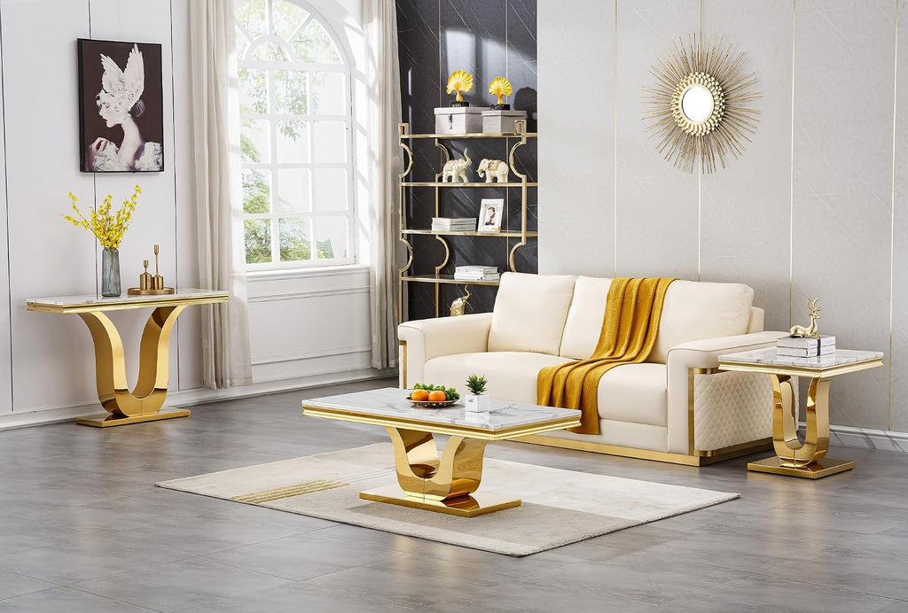 1 Piece Living Room End Table Luxury Faux Marble Sofa Side Table, Modern White Gold End Table with U-Shape Stainless Steel Pedestal Base