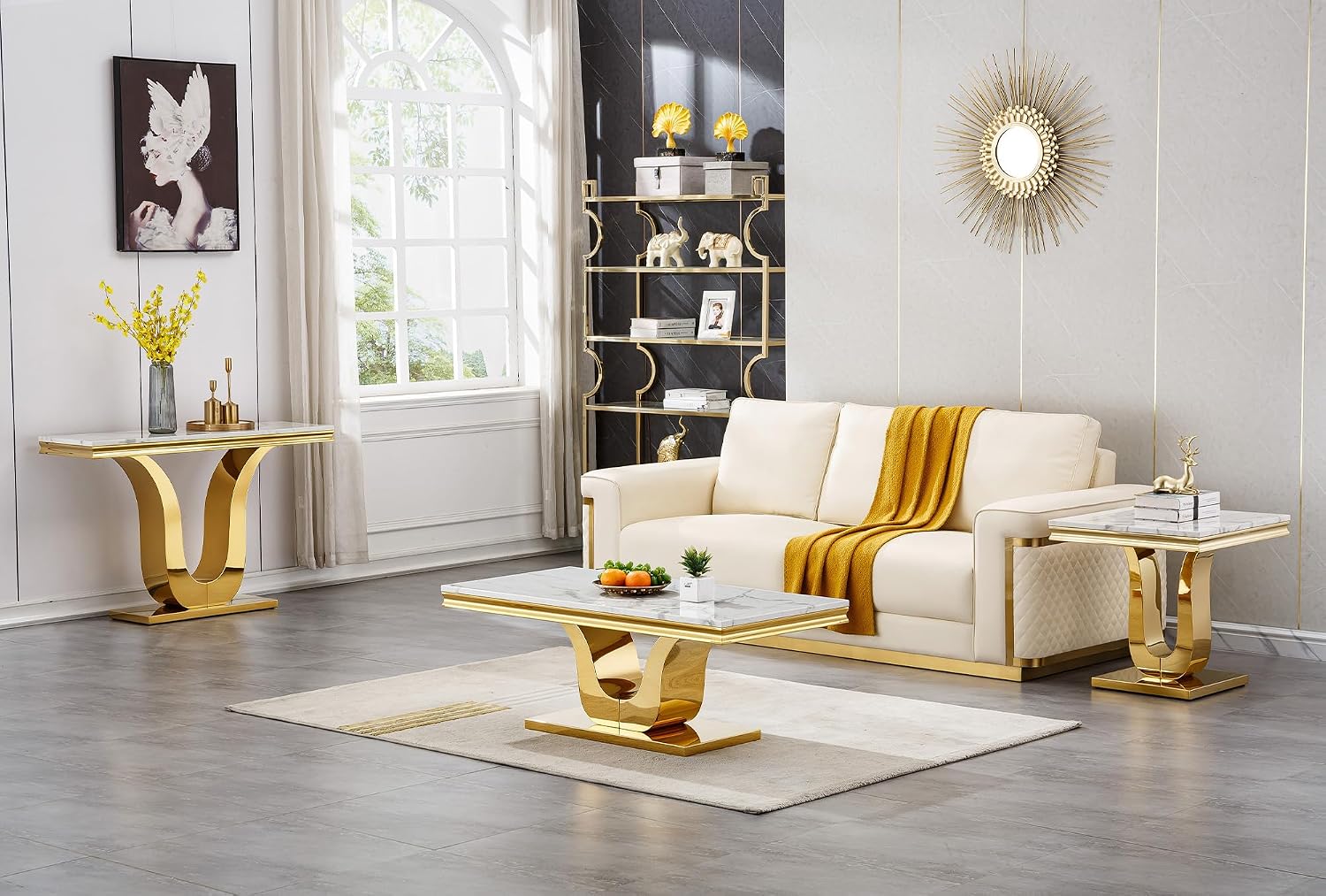 23'' Faux Marble End Table with High-Gloss U Base, Rectangular Marble Top Sofa Side Table for Living Room Office, Modern White Gold Accent Table with Stainless Steel Frame