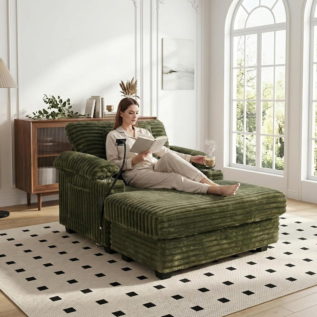 Oversized Chaise Lounge Chair with Adjustable Backrest, Movable Storage Ottoman, Phone Holder, USB Ports, Cup Holder, Reading Lounge Chair for Small Space, Green