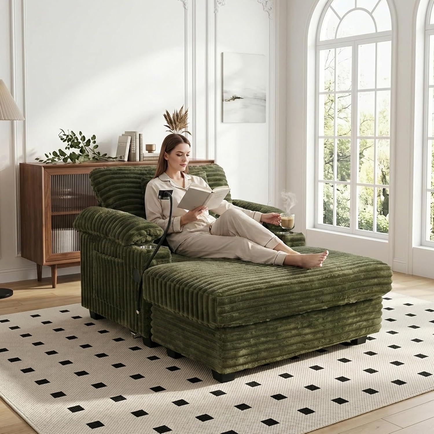 Oversized Chaise Lounge Chair with Adjustable Backrest, Movable Storage Ottoman, Phone Holder, USB Ports, Cup Holder, Reading Lounge Chair for Small Space, Green