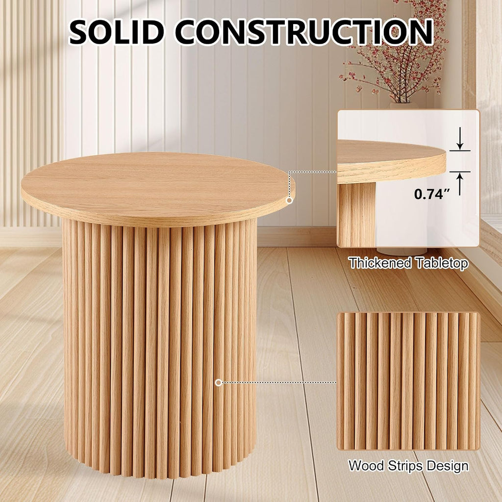 Homedot Small Round Accent Side Table with Wood Strip Base for Living Room, 19.69" Cicle End Table Engineered Wood Desktop Solid Oak Veneer Furnish, Modern Nightstand Table for Bedroom