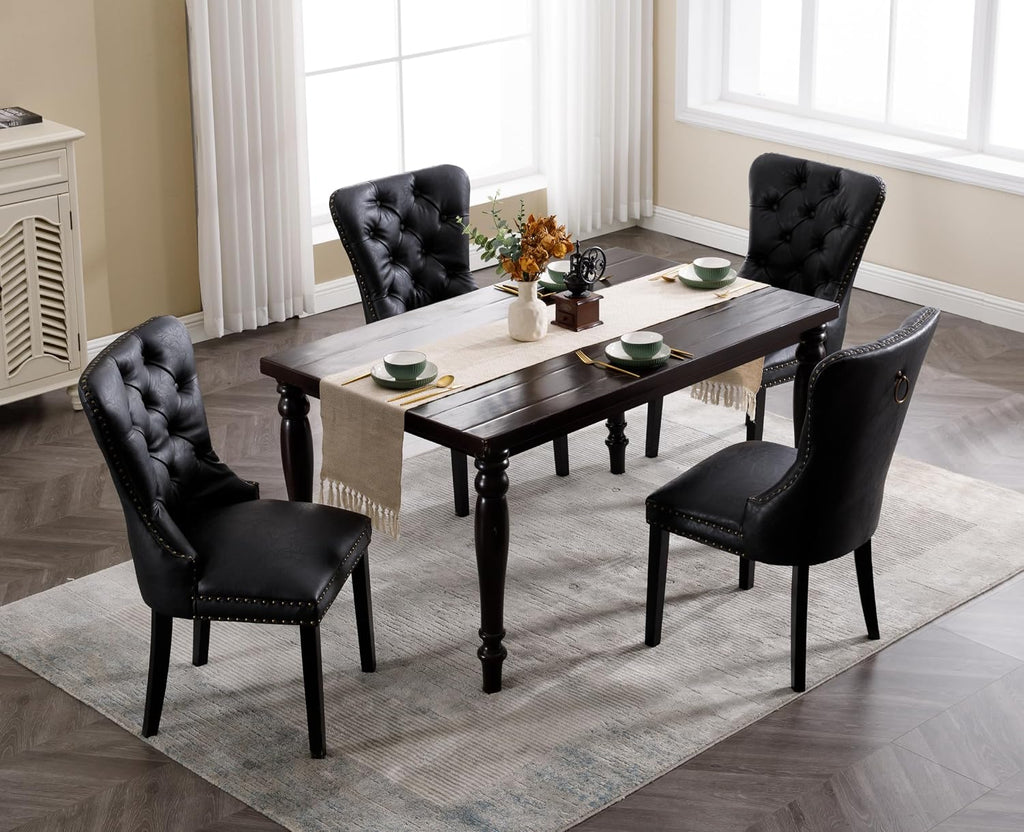 EALSON Modern Black Dining Chairs Set of 8 Mid Century Leather Dining Room Chairs with Wood Legs Tufted Upholstered Kitchen Side Chairs with Nail Head Trim for Dining Room/Living Room, Back with Ring