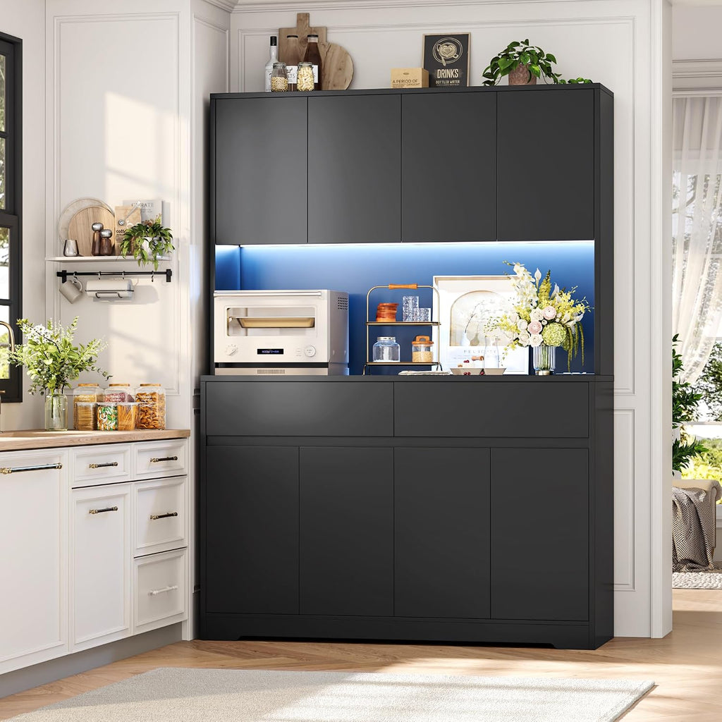 FINETONES 71" Tall Pantry Cabinet with LED Lights and Charging Station, 47.2" Wide Kitchen Pantry Storage Cabinet Kitchen Hutch with Microwave Stand, Tall Storage Cabinet for Living Room, Black