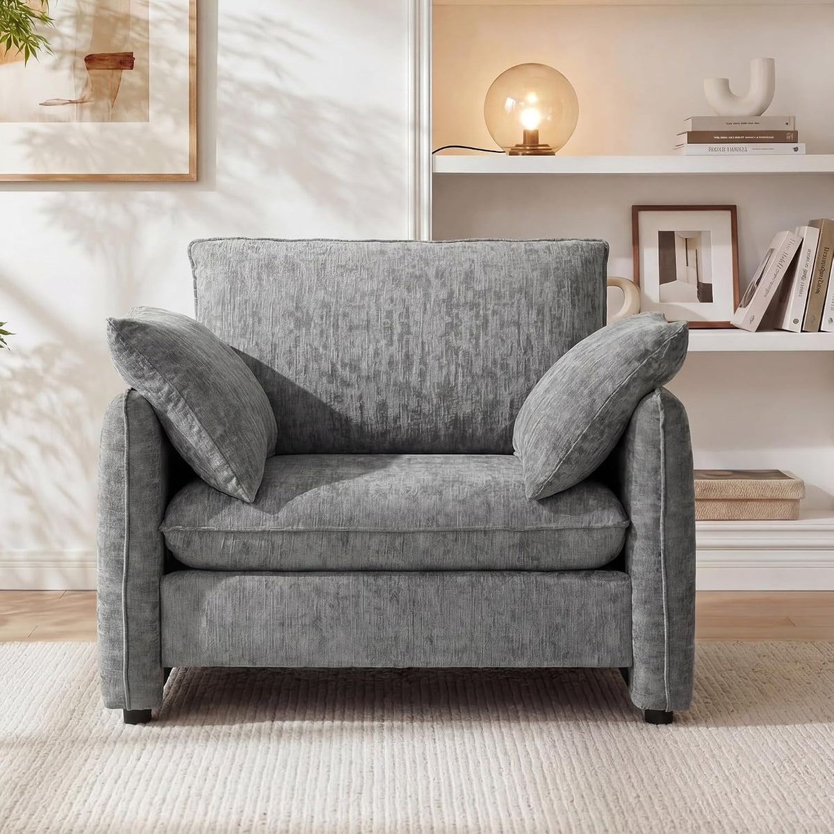 Elegant Oversized Accent Chair for Living Room, 42.1", Chenille, Gray | Modern Upholstered Piping Single Reading Armchair with Cushion Backrest and 2 Pillows for Bedroom, Office, Reception Area