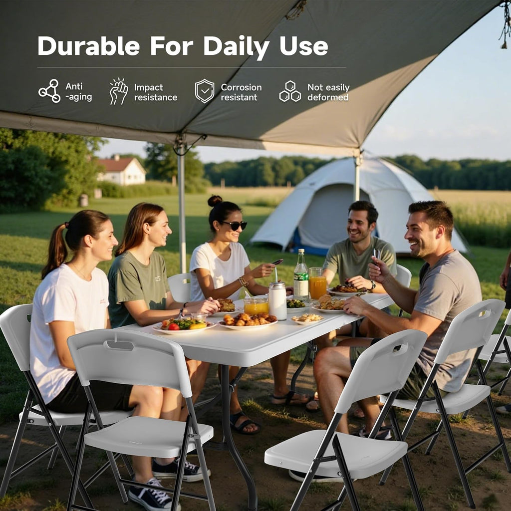 6FT Folding Table Set with 6 Chairs – Heavy-Duty 330 lb Table & 600 lb Chairs, Portable Foldable Furniture Set for Camping, Parties, Indoor & Outdoor Use