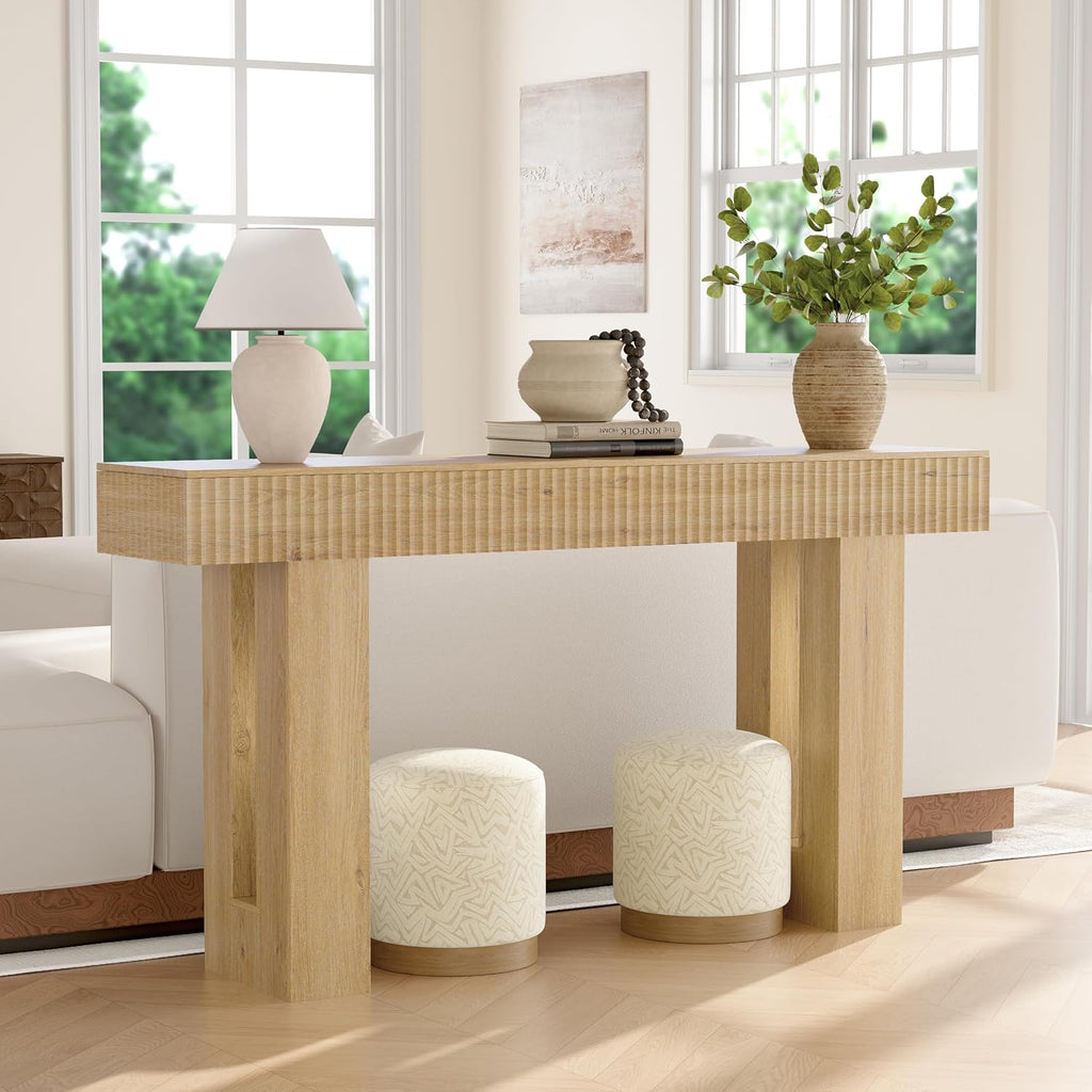 63" Long Console Table, Fluted Sofa Table Behind Couch, Natural Oak | Narrow Console Table with Storage Space, Modern TV Console Table for Living Room, Wood Hallway Table for Entryway, Front Door
