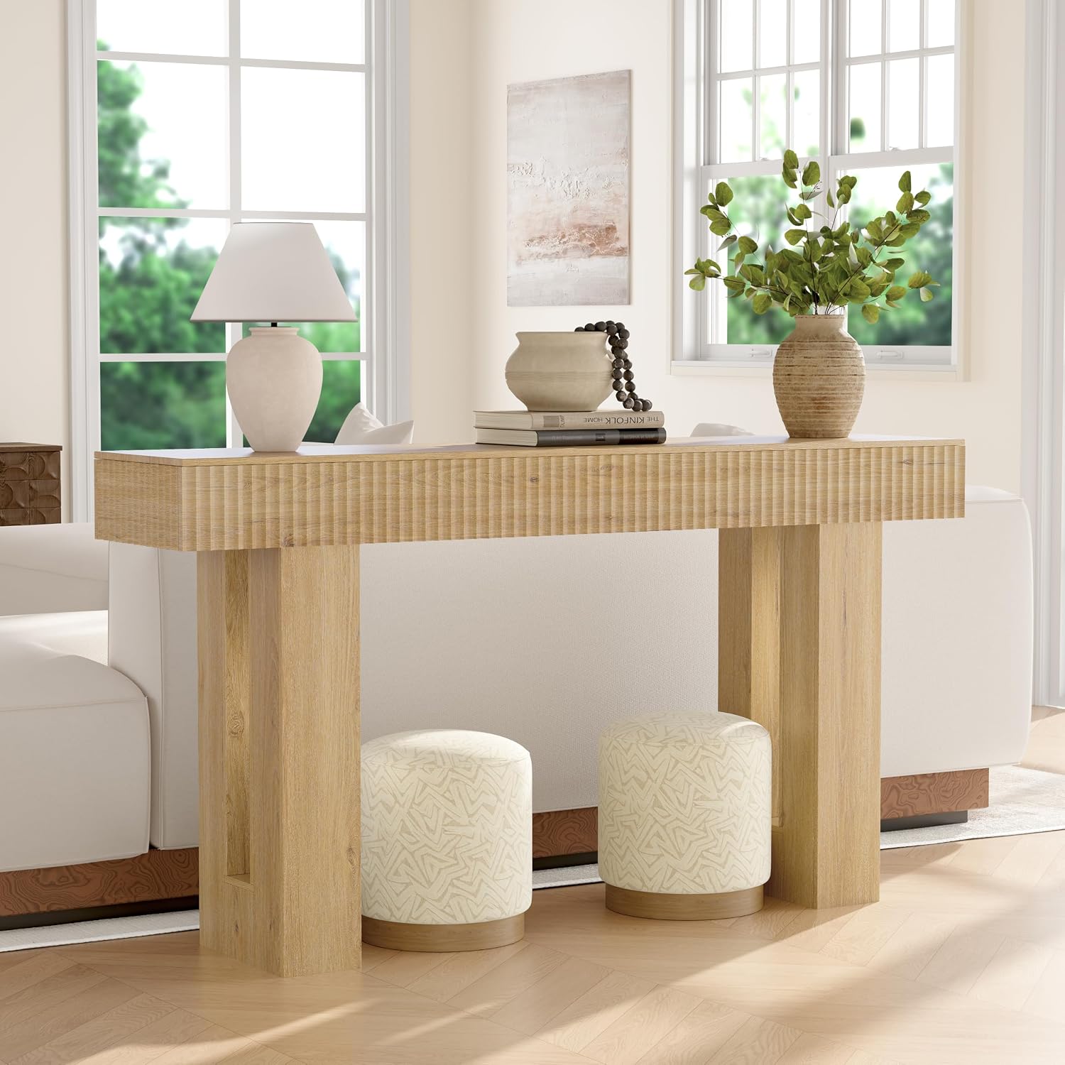 63" Long Console Table, Fluted Sofa Table Behind Couch, Natural Oak | Narrow Console Table with Storage Space, Modern TV Console Table for Living Room, Wood Hallway Table for Entryway, Front Door