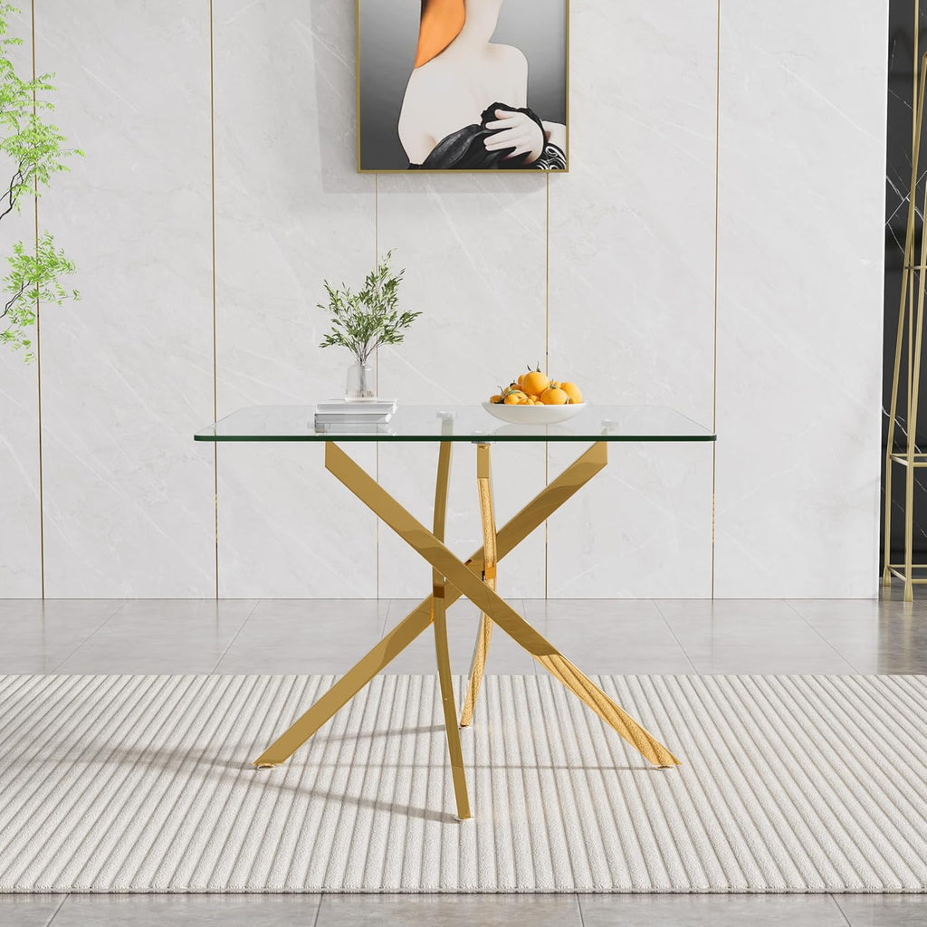 Square Dining Table for 4, 36 Inch Glass Kitchen Table with Gold X Metal Legs, Modern Tempered Glass Dinner Room Table for Small Space Dining Room Kitchen Restaurant