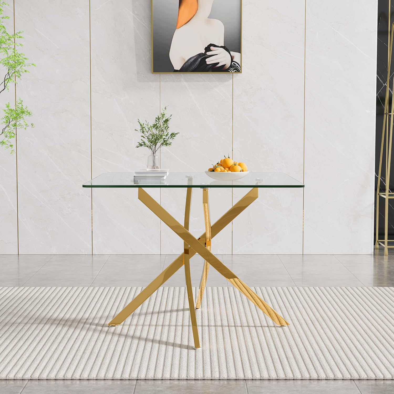 Square Dining Table for 4, 36 Inch Glass Kitchen Table with Gold X Metal Legs, Modern Tempered Glass Dinner Room Table for Small Space Dining Room Kitchen Restaurant