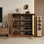 holzart Audio Stereo Cabinet with Glass Doors, 35.4" Tall Vintage AV Component Media Stand, Record Player Stand with Adjustable Shelves & Cable Management, Rustic Brown