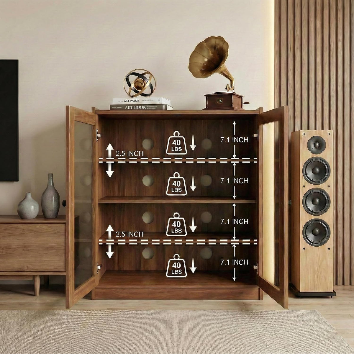holzart Audio Stereo Cabinet with Glass Doors, 35.4" Tall Vintage AV Component Media Stand, Record Player Stand with Adjustable Shelves & Cable Management, Rustic Brown