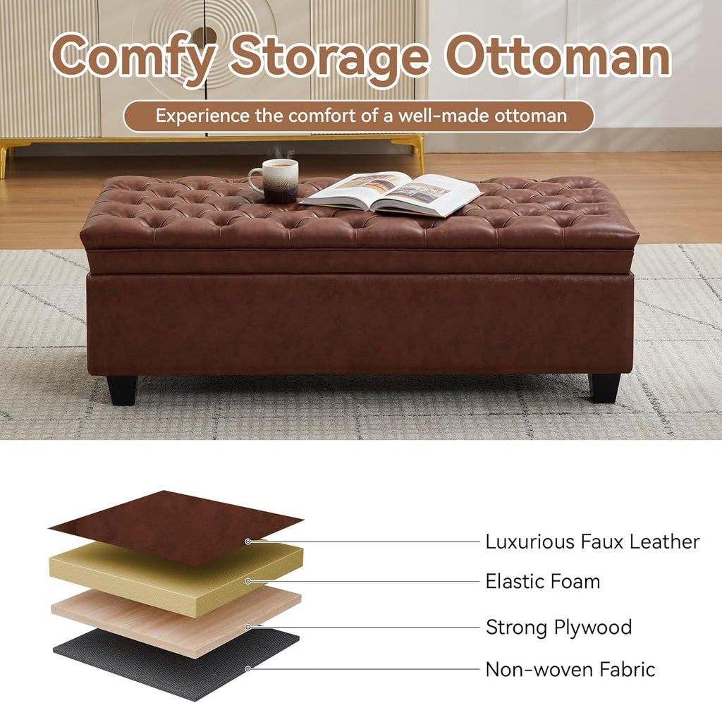 WUTUTUEE 50" Faux Leather Storage Ottoman Bench, Upholstered Rectangle End of Bed Storage Ottoman Tufted Living Room Bedroom Bench with Safety Hinge, Solid Wood Legs, Loads 500 lb(Brown)