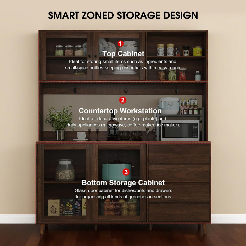 63" Large Kitchen Hutch Cabinet with 4 Doors, 4 Drawers and Microwave Shelf, Farmhouse Pantry Storage Cupboard with Countertop for Kitchen and Dining Room(Walnut Brown)