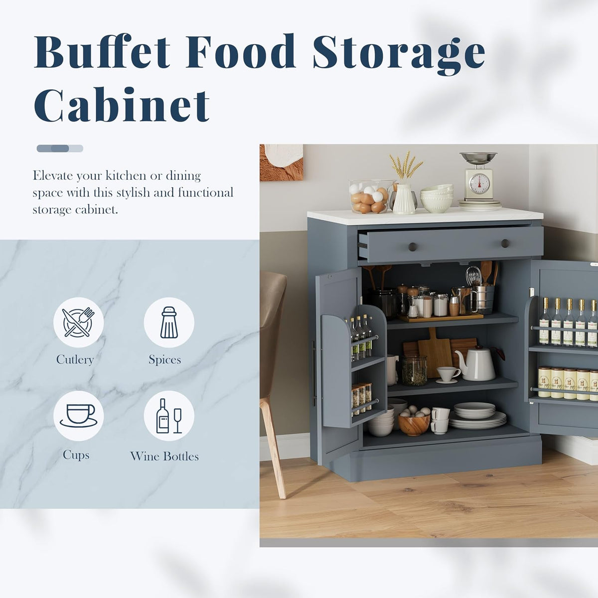 Kitchen Pantry with Drawer, Kitchen Storage Cabinet with 2 Doors 2 Adjustable Shelves for Kitchen, Living Room and Dining Room (Gray,2)