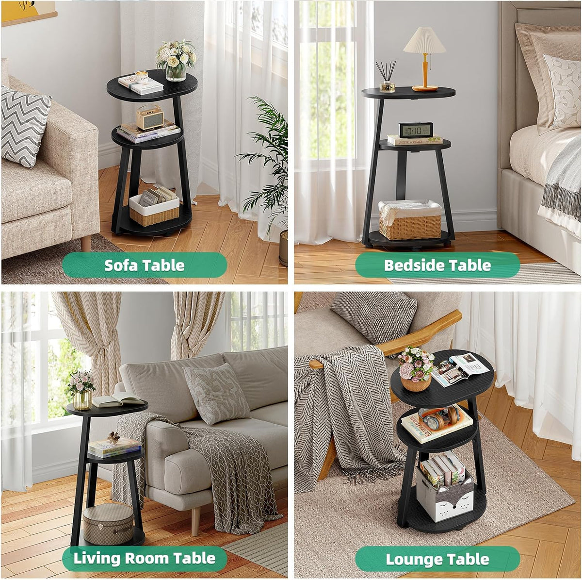 Kalrin Side Table, Small End Table with Metal Frame, 3-Tier Bedside Tables, Round Side Tables for Living Room Bedroom Couch Bathroom, Oval, Pure Black