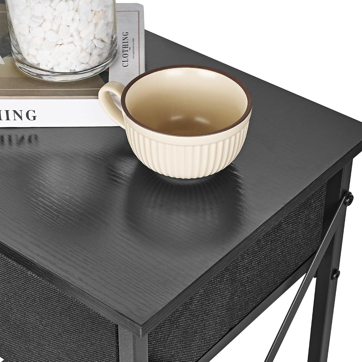 VECELO Nightstand Set of 2, X-Design End Side Table with Fabric Storage Drawer and Open Shelf, Bedside Night Stand with Steel Frame for Bedroom, Living Room,Dorm, Easy Assembly, Black