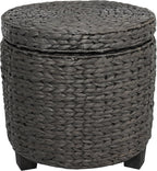 happimess Addie Handwoven Water Hyacinth Storage Ottoman 17.72", Black | Removable Lid, Coastal Foot Rest, 11 Gallon Capacity, Lined Interior, Wooden Legs, Entryway Seating, Holds 150 Lbs